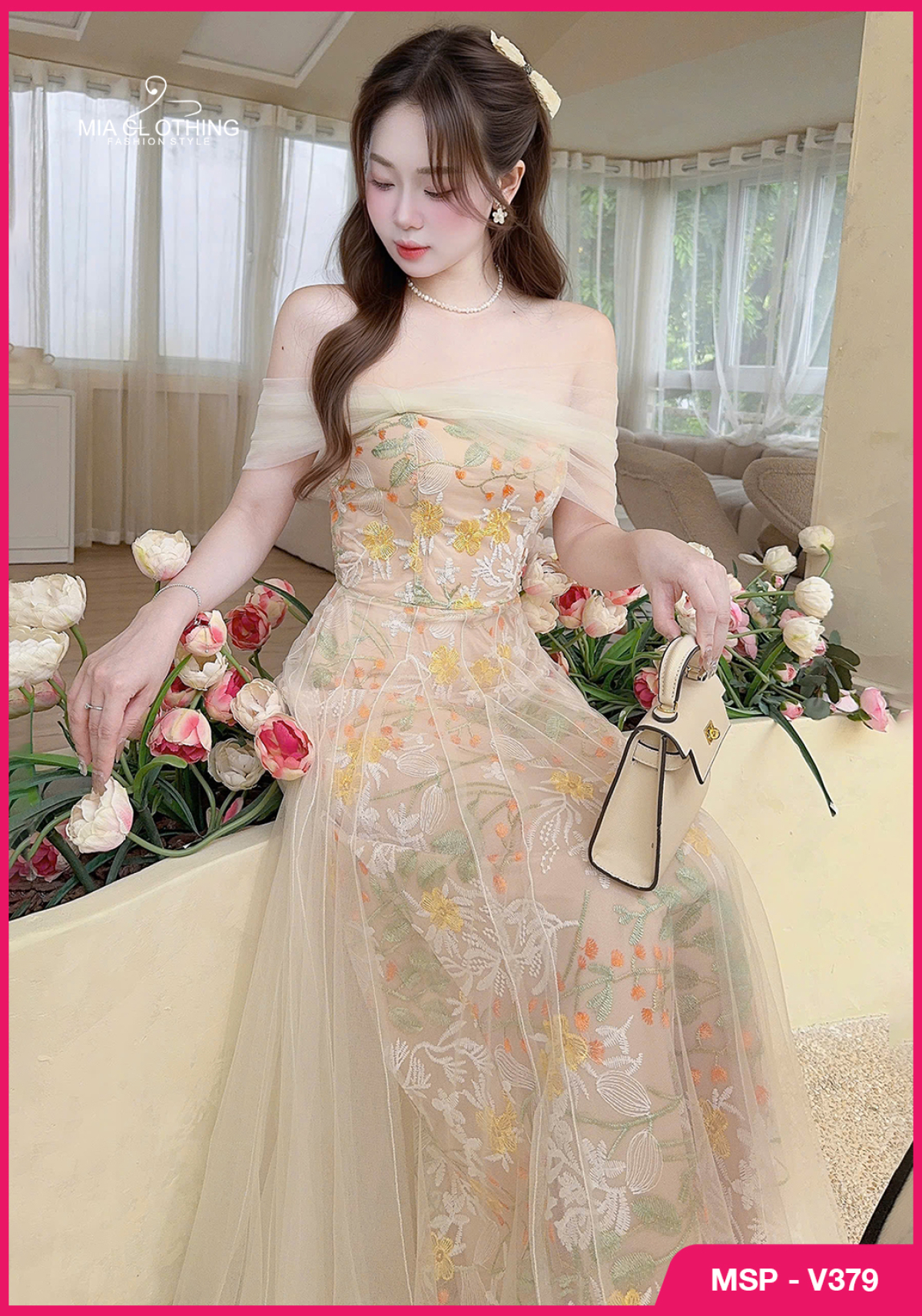 Váy ren thêu phối lưới thiết kế trễ vai cho nàng đi tiệc  4