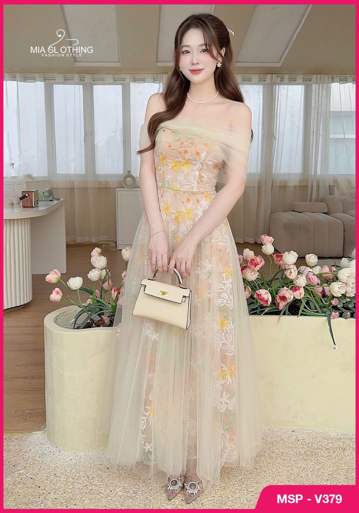 Váy ren thêu phối lưới thiết kế trễ vai cho nàng đi tiệc  5