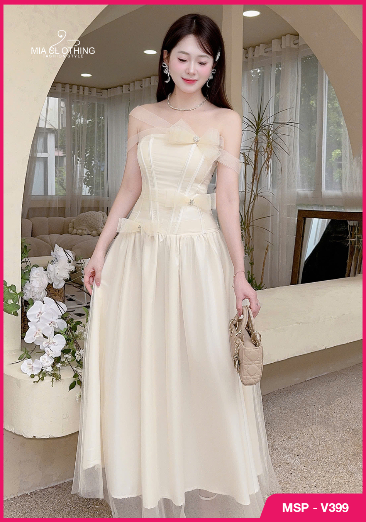 Váy tơ phối lưới thiết kế đính nơ tiểu thư thanh lịch 4