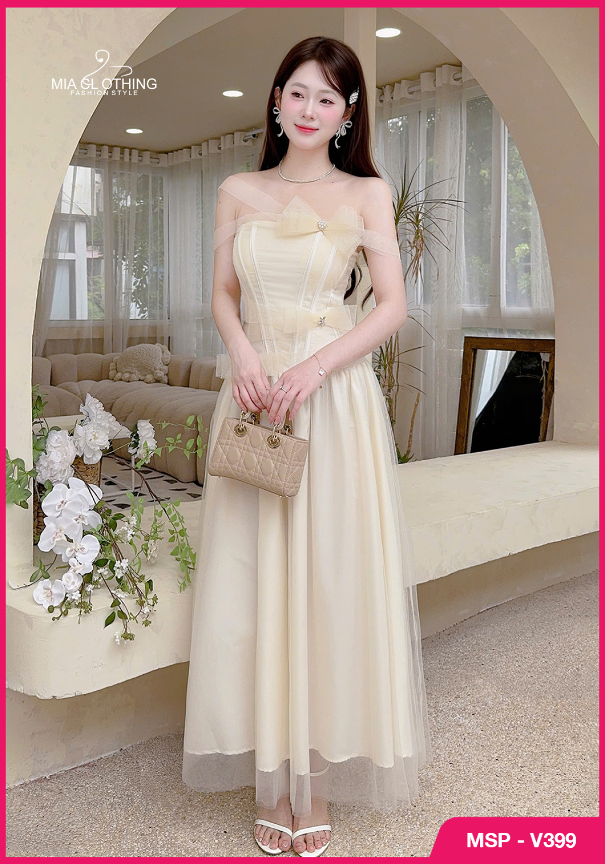 Váy tơ phối lưới thiết kế đính nơ tiểu thư thanh lịch 5