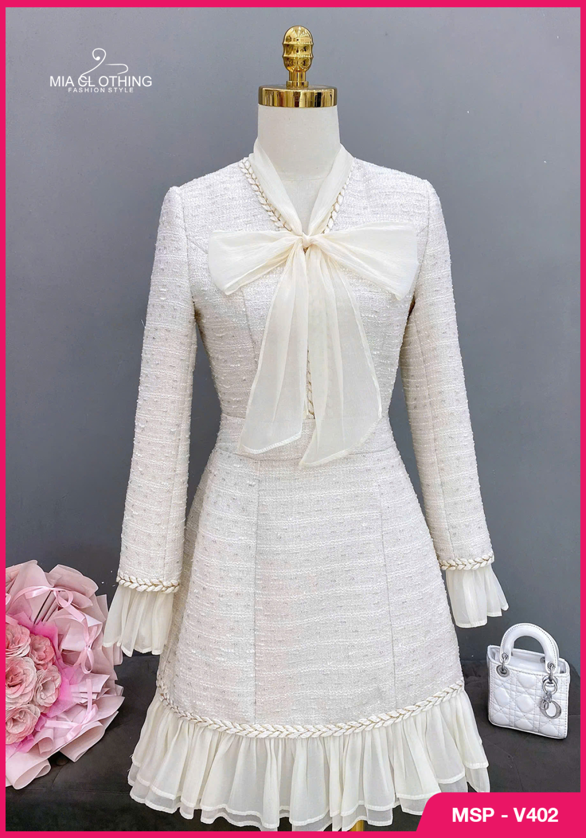 Váy dạ thiết kế phối nơ tiểu thư xinh sắn sang trọng 6