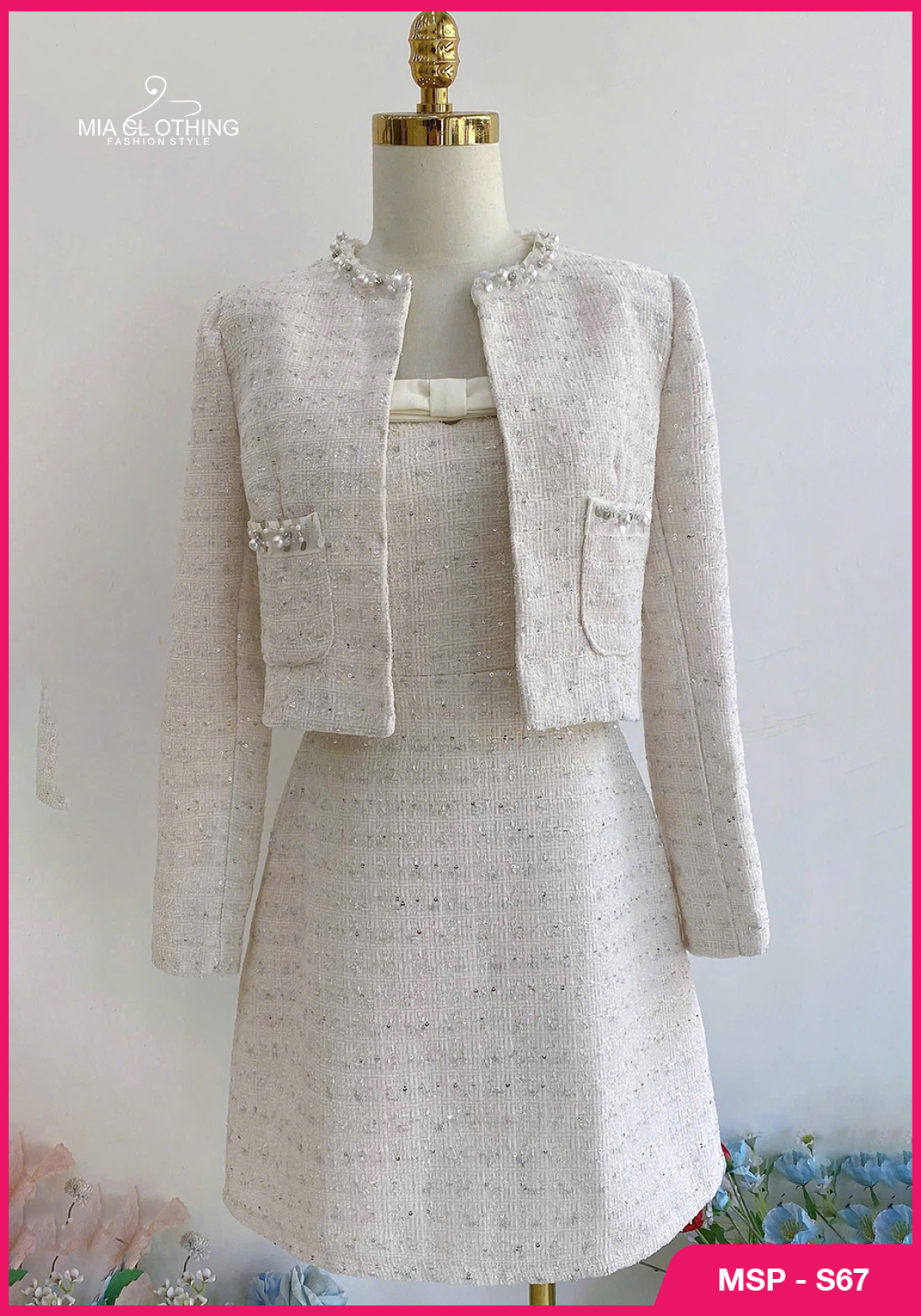 Set tweed dạ áo kèm váy ép phối kim sa thiết kế tiểu thư 5