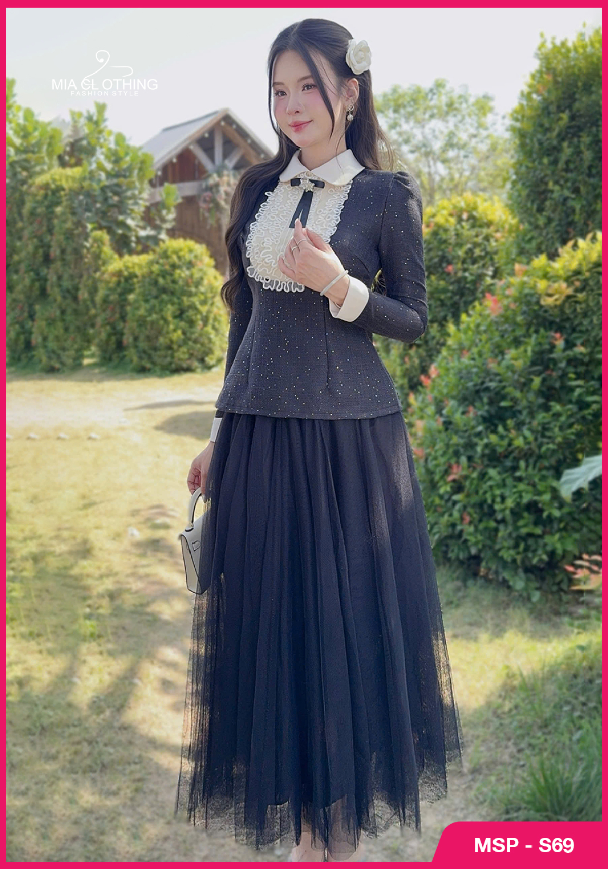 Set áo dạ ánh kim phối chân váy lưới thiết kế tiểu thư sang trọng 4