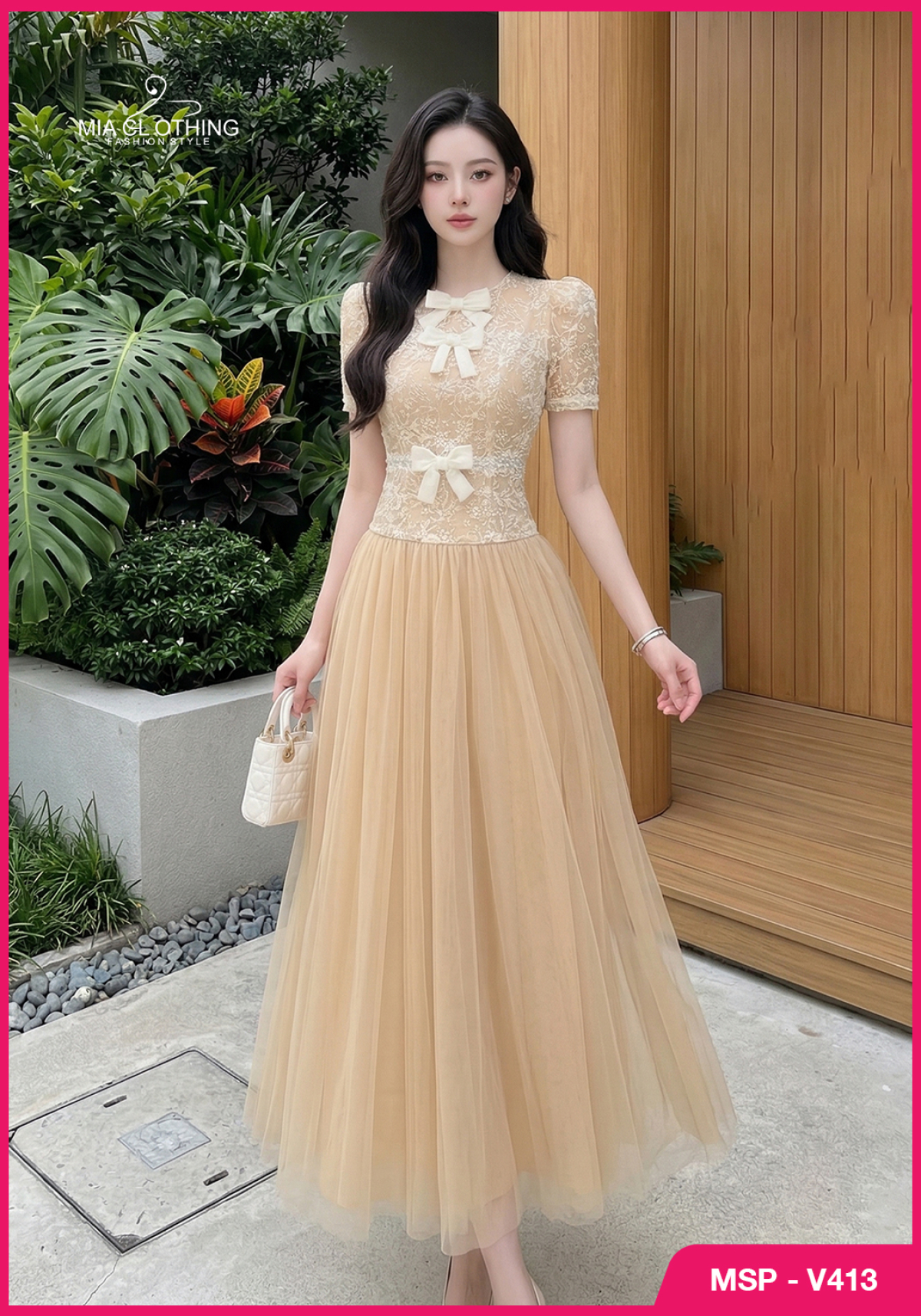 Váy ren phối lưới thiết kế đính nơ tiểu thư thanh lịch 4