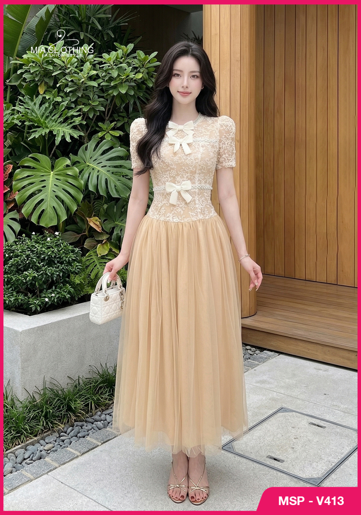 Váy ren phối lưới thiết kế đính nơ tiểu thư thanh lịch 5