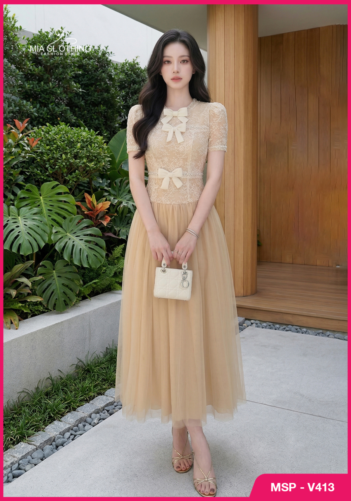 Váy ren phối lưới thiết kế đính nơ tiểu thư thanh lịch 6