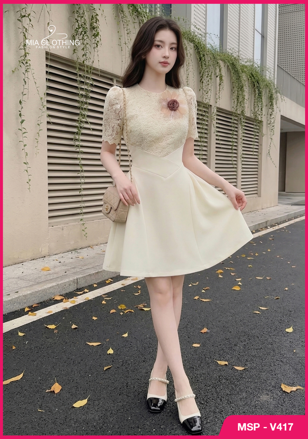 Váy ren phối vải chéo hàn thiết kế tiểu thư thanh lịch 4