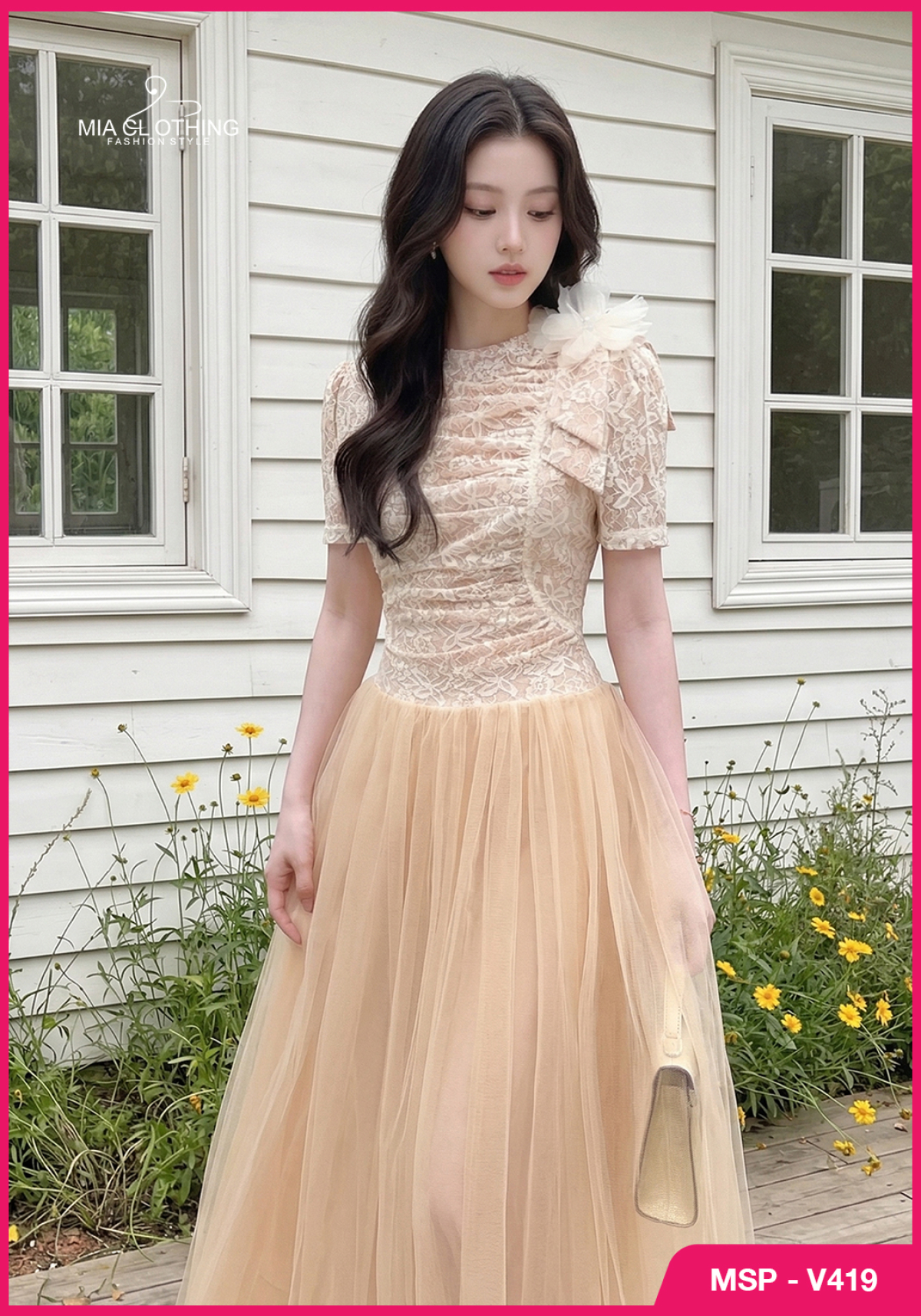 Váy ren phối lưới hoa cài thiết kế tiểu thư thanh lịch và sang trọng 4