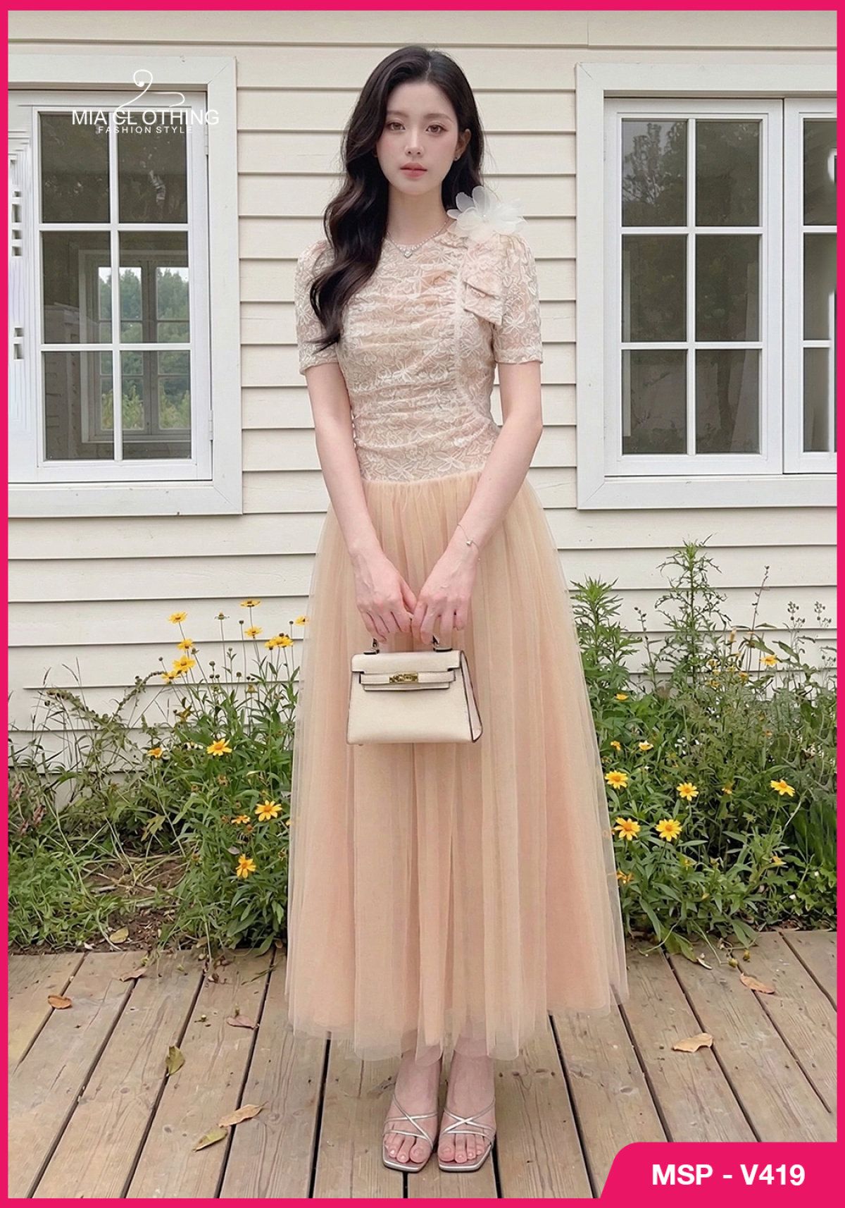 Váy ren phối lưới hoa cài thiết kế tiểu thư thanh lịch và sang trọng 5