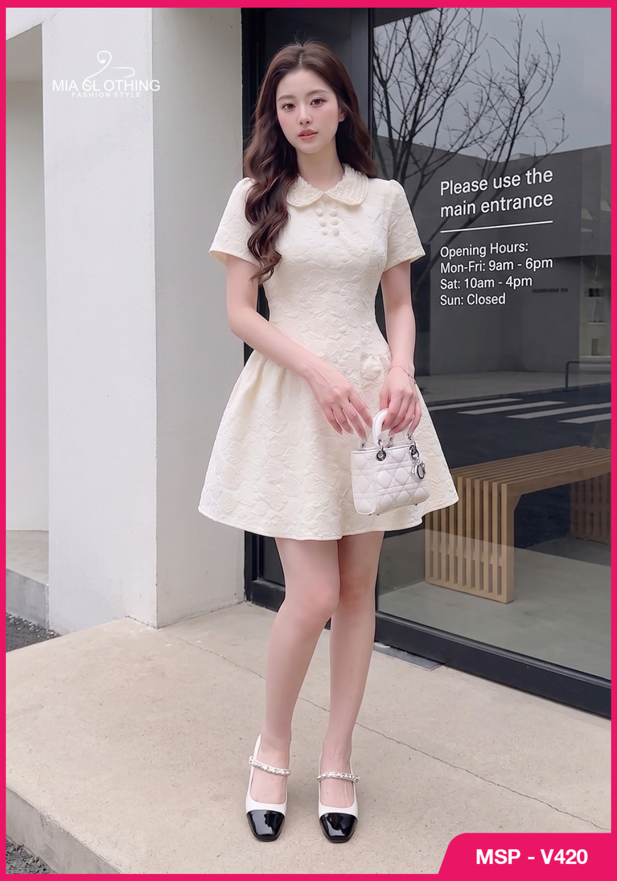 Váy xốp hoa nổi phối cườm cổ thiết kế tiểu thư ngọt ngào sang trọng 4