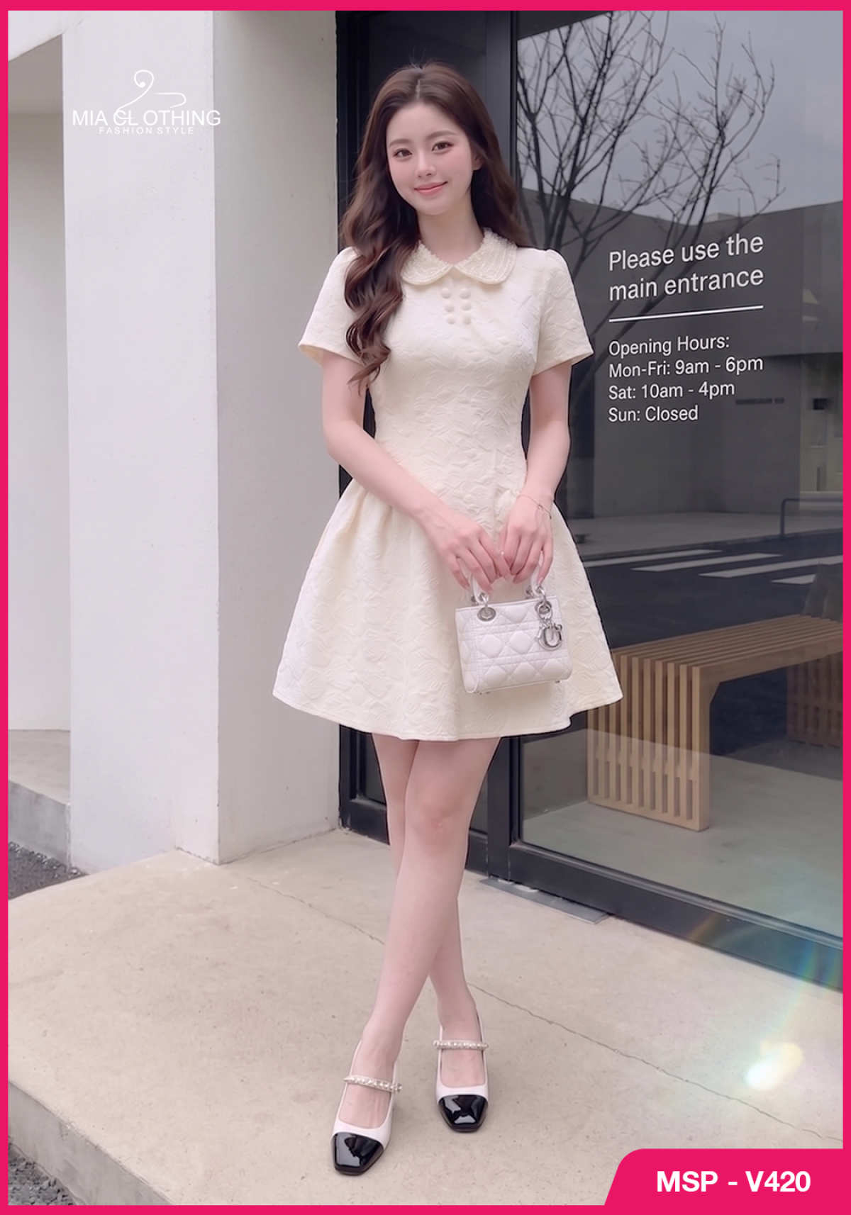 Váy xốp hoa nổi phối cườm cổ thiết kế tiểu thư ngọt ngào sang trọng 5