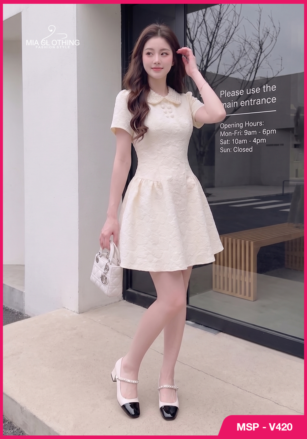 Váy xốp hoa nổi phối cườm cổ thiết kế tiểu thư ngọt ngào sang trọng 6